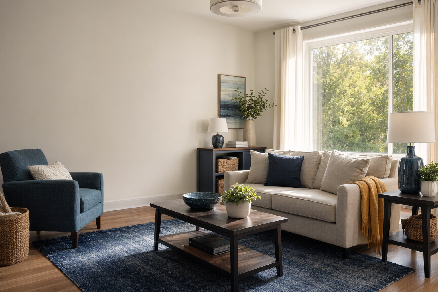 A restored, dry living room after professional water-damage repair