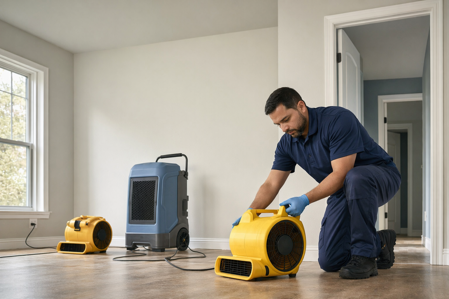 Certified restoration technicians drying a home after water damage